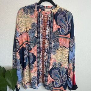 Johnny Was Paisley Silk Blend Blouse Boho Long Sleeve Draped Top L